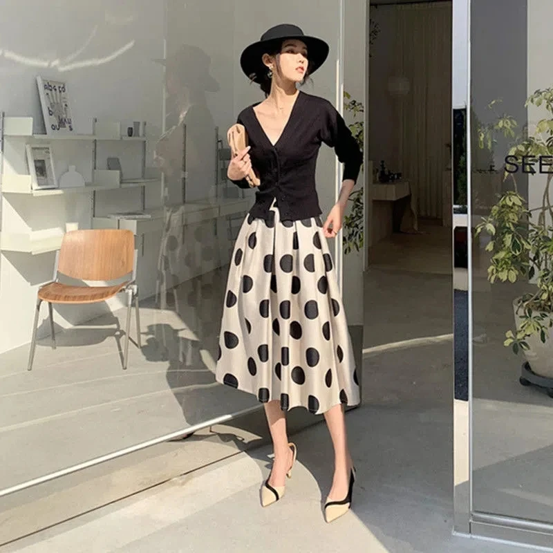 Pocket High-grade Puffy Skirt Womens 2023 Spring New High Waist   Vintage Round Dot Umbrella Skirt saias Longas Faldas Mujer Mod