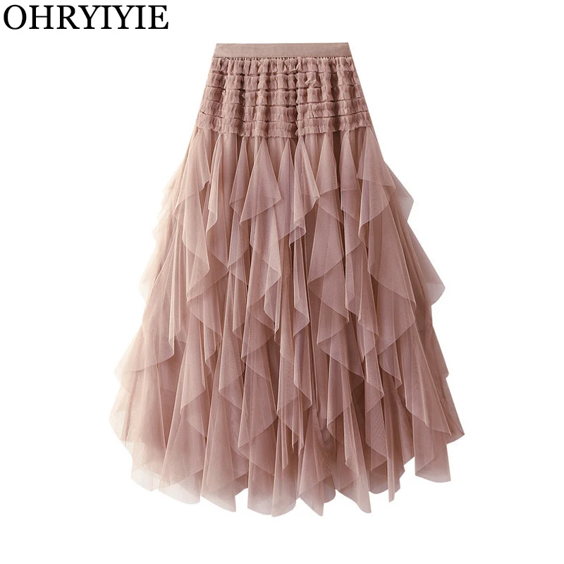 

OHRYIYIE Floor-Length Maxi Tulle Long Skirt Women Korean Fashion Sweet A-line Skirt Ladies Long Tutu Skirts Party Clothes Female