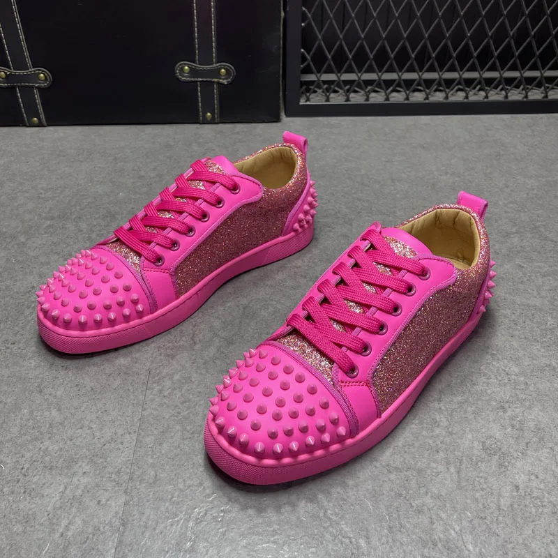 men's fashion punk hip hop dress rivets shoes lace up original leather shoe black pink flats platform sneakers designer footwear view 4