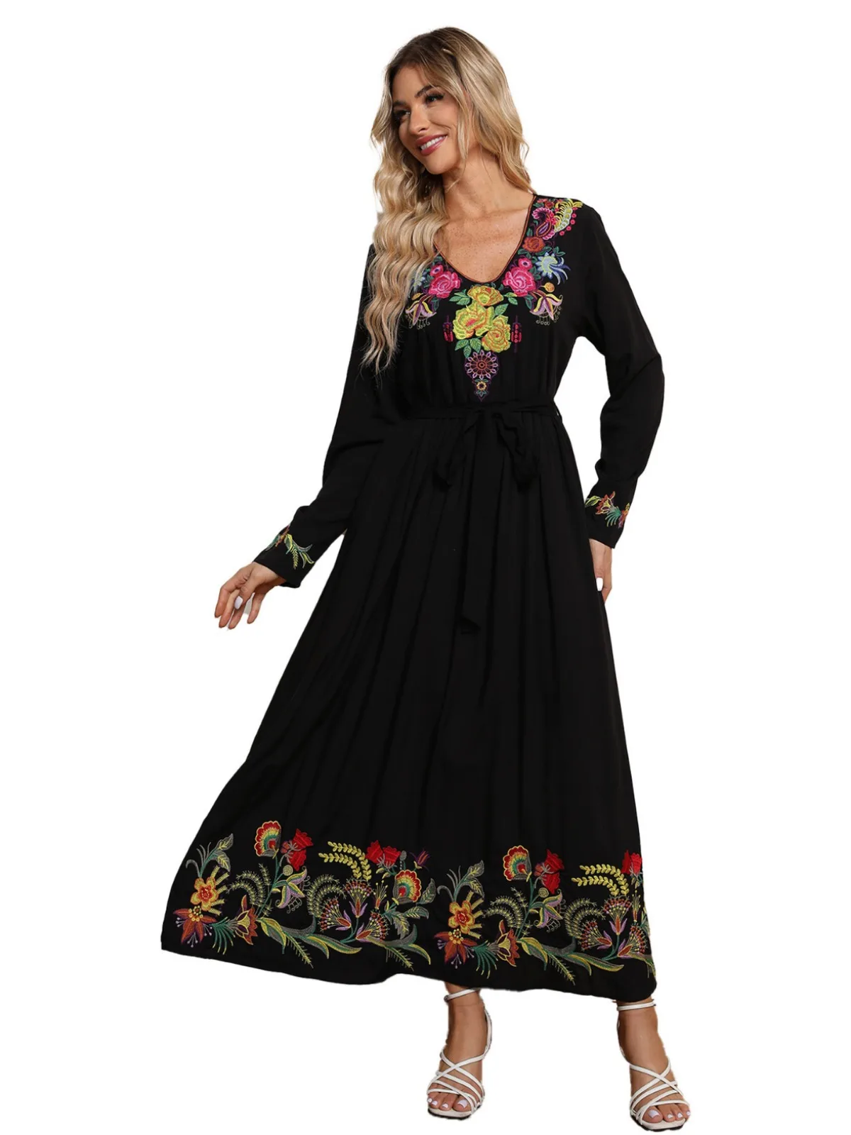 Khalee Yose Floral Embroidery Maxi Dress Spring Autumn Boho Cotton Black Harajuku Vintage Women Ladies Female 23XXL Dresses New