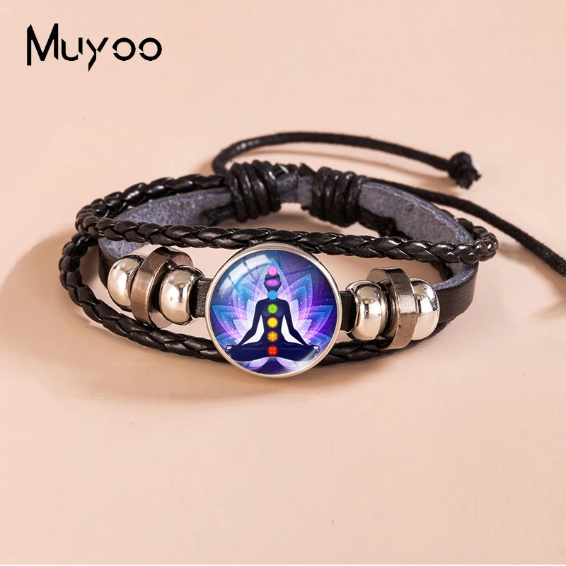 2023 New Arrival Fashion Chakra Reiki Buddha Yoga Meditation Spiritual Glass Dome Jewelry Handmade Black Leather Bracelets