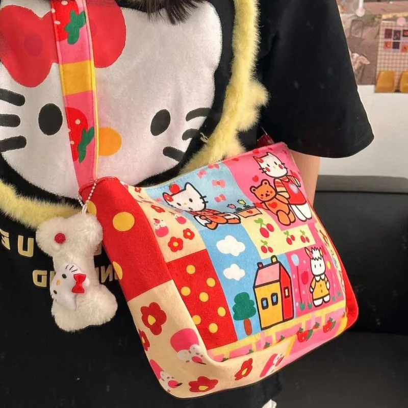 Miniso Hellokitty Canvas Crossbody Bag Cute Cartoon KT Print Shoulder Bag Zipper Japanese Bag College Student Red Bag Girl Gifts