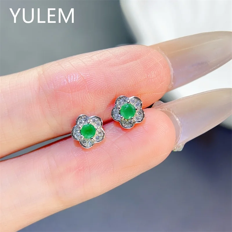 YULEM Real Natural Emerald 3mm Stud Earring 925 Sterling Silver Gemstone Fine Jewelry for Women Lady Wedding Party