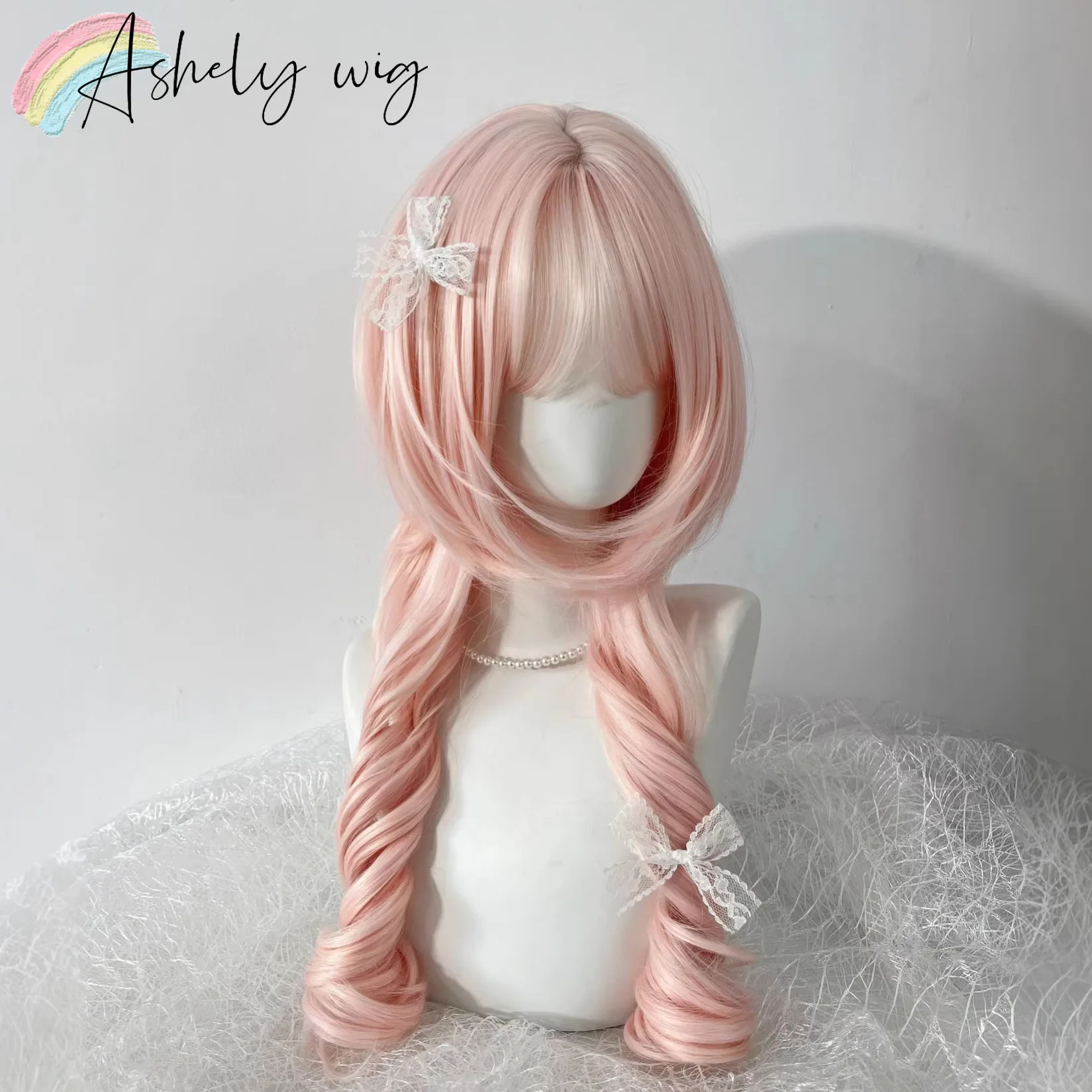 Pink Wig Lolita 24inch Curly Cute Jellyfish Headband Wig with Bangs  Peruca Heat-resistant Wig Pastel for Daily Cosplay Peruca