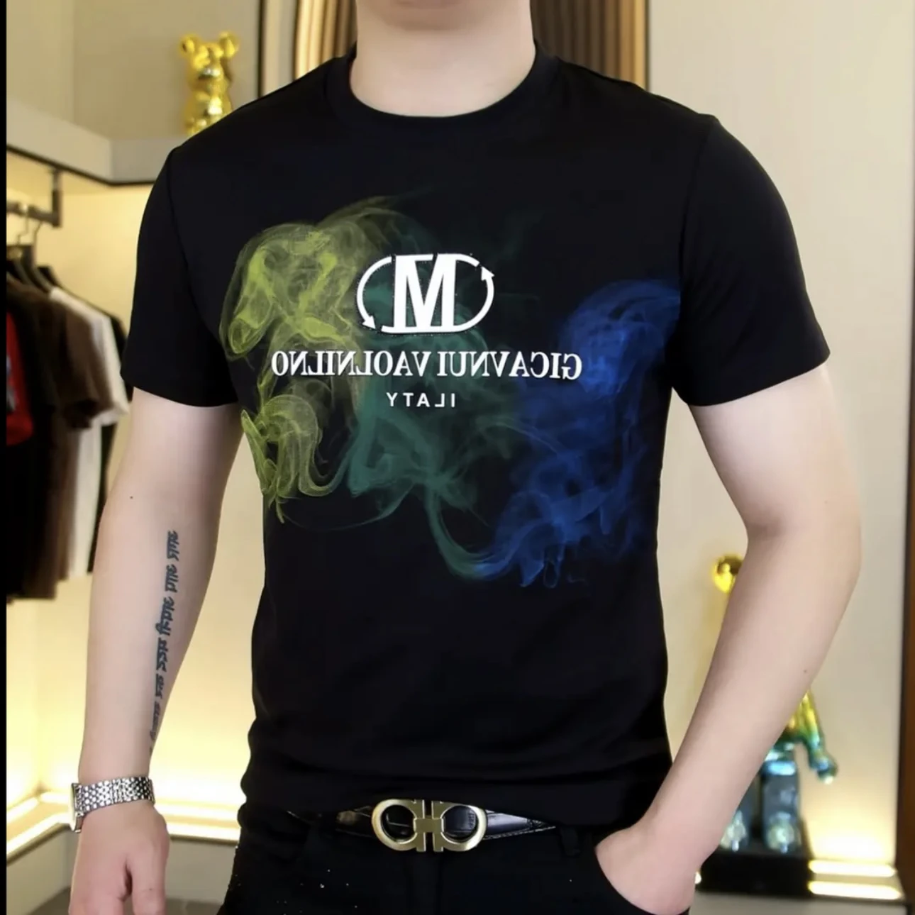 

Men's Faion round Ne ort Sve T-irt Letter Inkjet Print Slim Fit Elastic f Sve Top Urban Sle Summer New Arr...