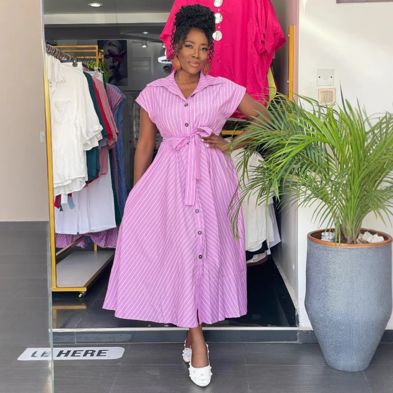 새로운 아프리카 패션 여성 드레스 시크 스트라이프 프린트 반팔 슬림 허리 빅 헴 롱 셔츠 드레스
