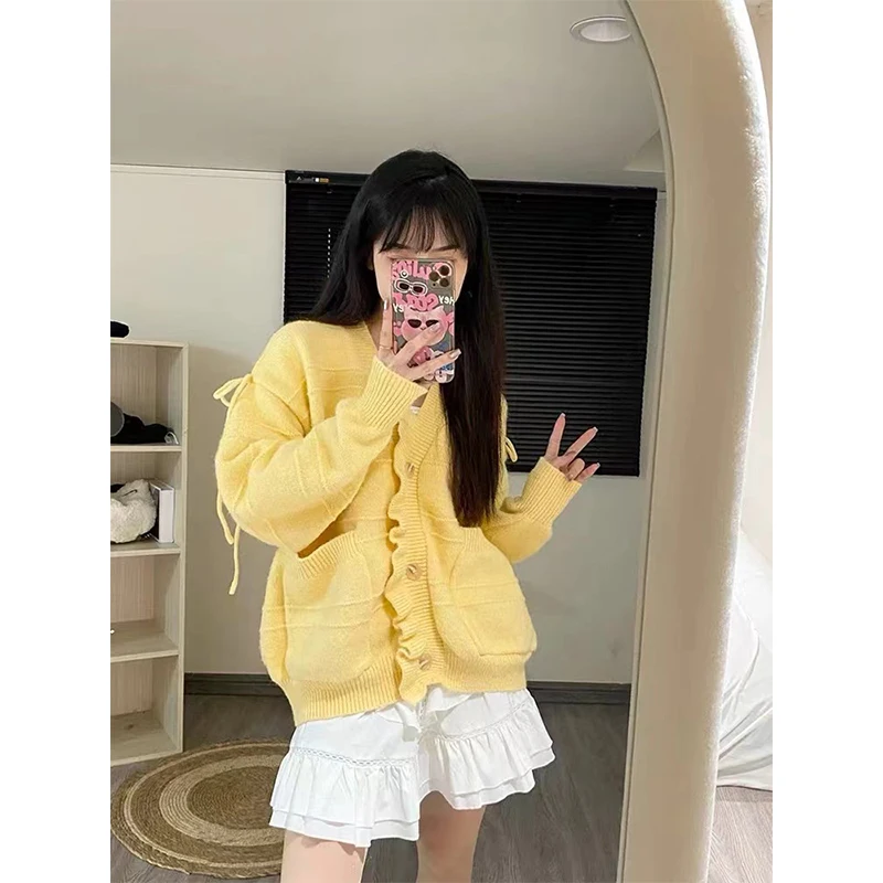 Women Autumn Simplicity Loose Fashion Bow Yellow V-neck Long Sleeve Knitwear Ladies Fashion All-match Cardigan Knitting Tops