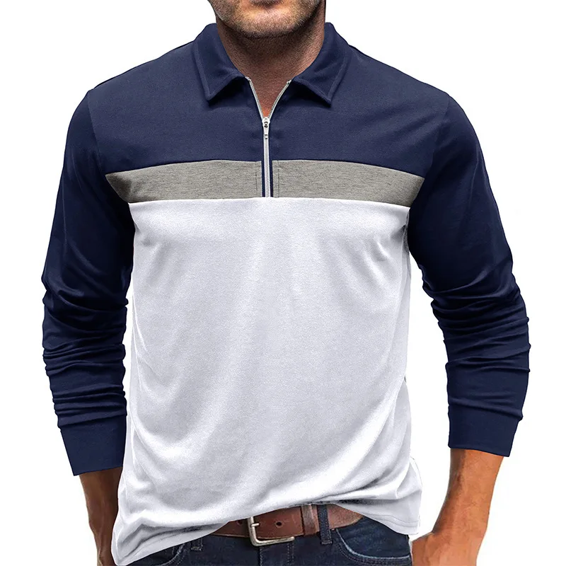 Horizontal Stripe Printed Work Commuting Lazy Style Zipper Pullover Simple Home Casual Comfortable Long Sleeved Polo Shirt MB14