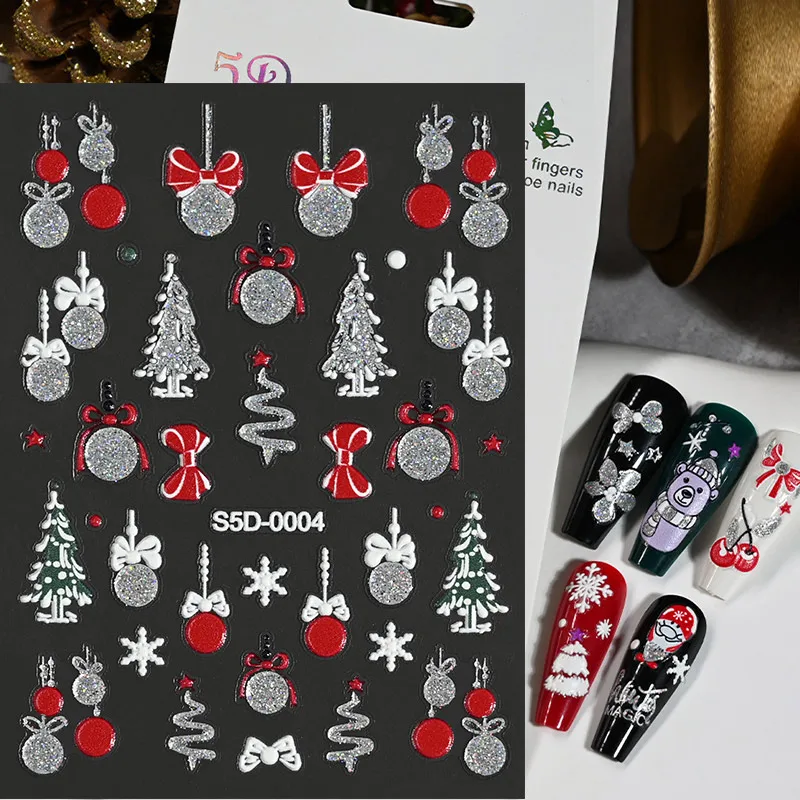 5d Reliëf Acryl Sneeuwvlok Bell Xmas Nail Sticker Goud Zilver Poeder Kerst Lijm Sliders Winter Nieuwjaar Nail Decals