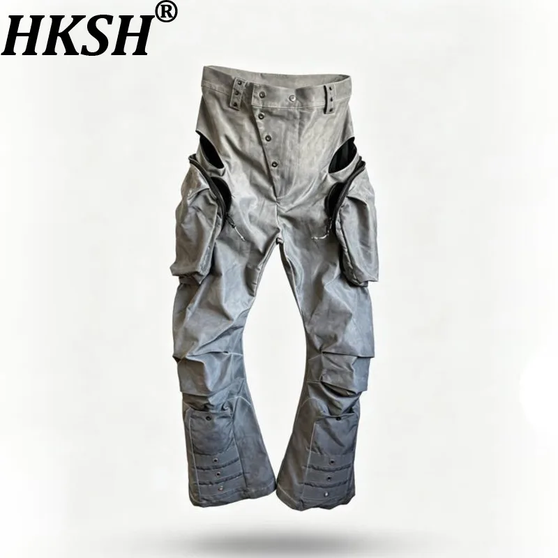 HKSH Spring Autumn New Men Tide Dark Waste Land Pocket Safari Style Hollow Out Flared Wide-Leg Tactical Cargo Pants Y2K HK28570