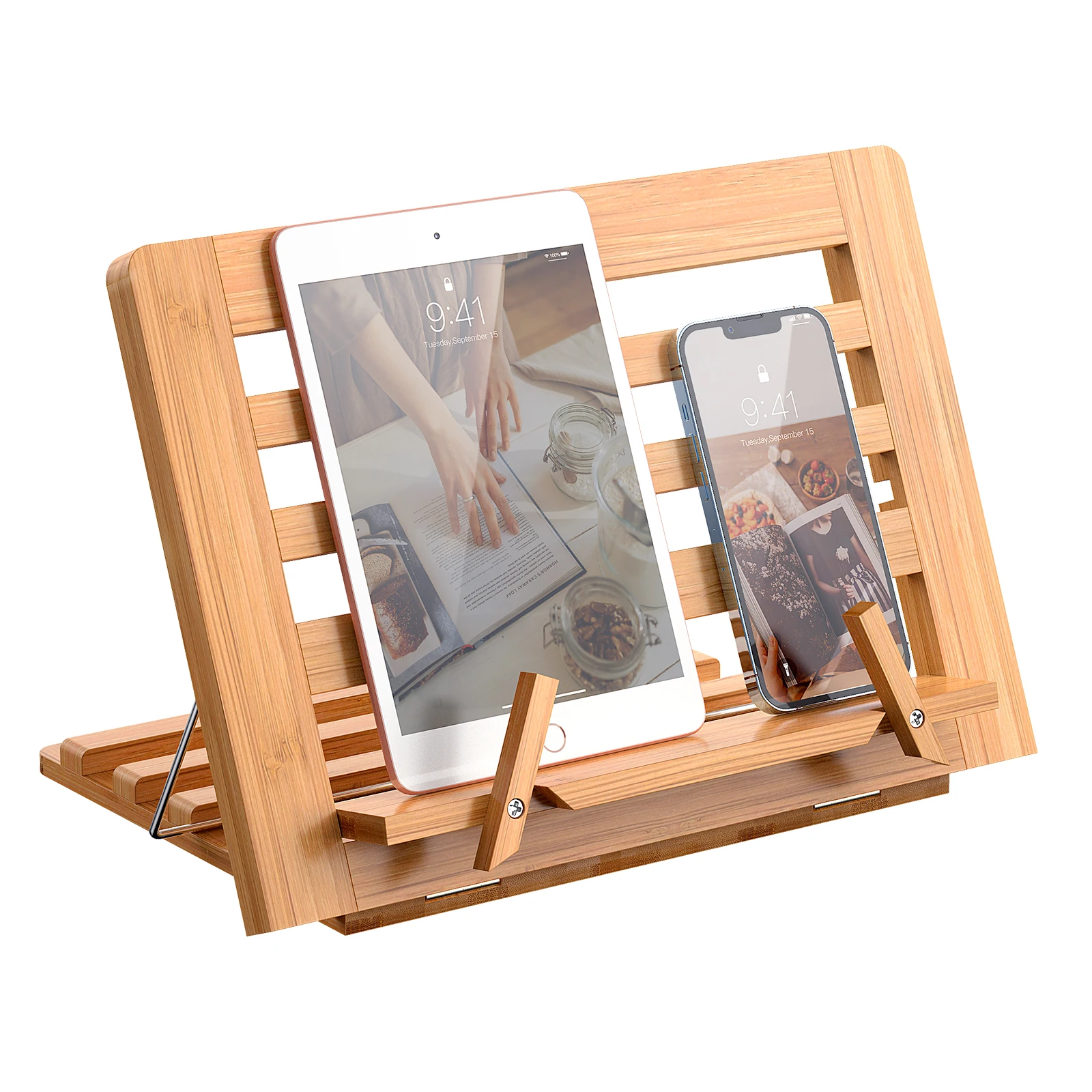 Bamboo Wood reading book stand adjustable foldable phone or PC stand lightweight cook recipe holder