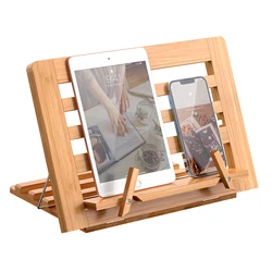 Bamboo Wood reading book stand adjustable foldable phone or PC stand lightweight cook recipe holder