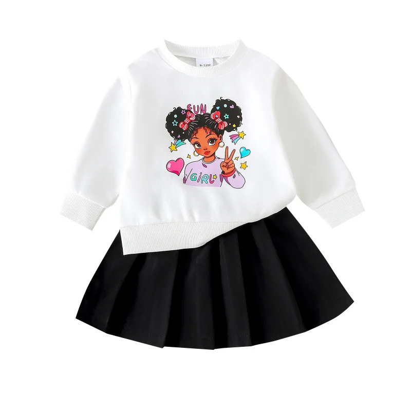 

New Style Chic Round Neck Puff Sleeve Girl Pattern Pullover Sweatshirt Black Pleated Skirt Two-Piece Set