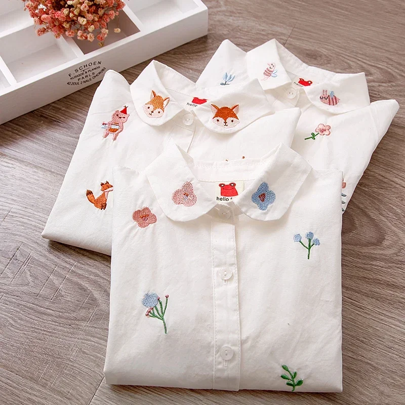 100% cotton White Girls Blouses Long Sleeve Autumn 2023 Kids Clothes Girls 8 10 12 Cartoon Fox Embroidery Tops School Shirts