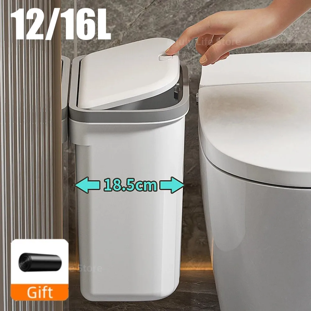 Cesta de basura montada en la pared de 12/16L, cubo de basura con tapa para baño, cocina, cubo de basura de costura estrecha impermeable