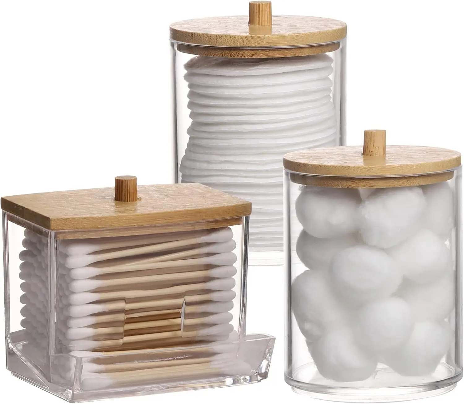 

Qtips Holder Bathroom Container, 10/7 OZ Cotton Ball/Swabs Dispenser, Apothecary Jar Organizer for Storage Wood Lids