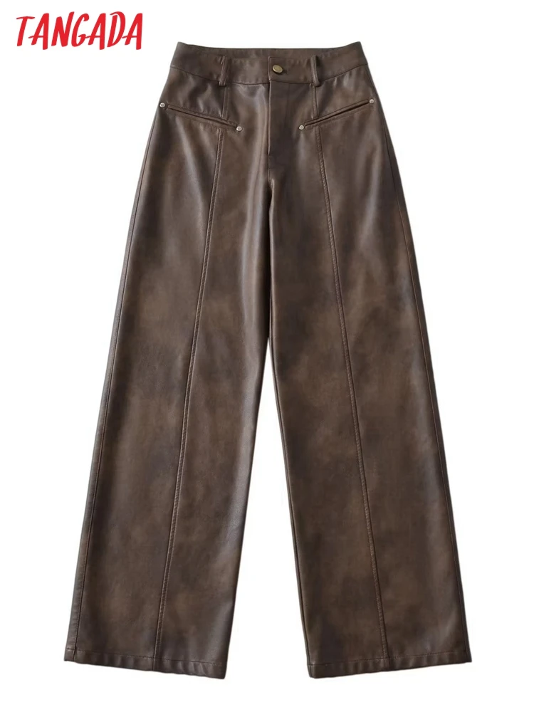 Tangada 2023 Women Chic Brown Faux Leather Suit Pants Trousers Pocket Lady Pants 2T90