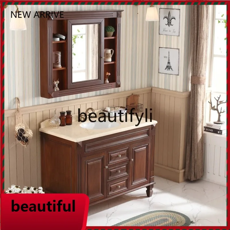 

F185 American bathroom cabinet solid wood washbasin combination marble bathroom washbasin floor European simplicity