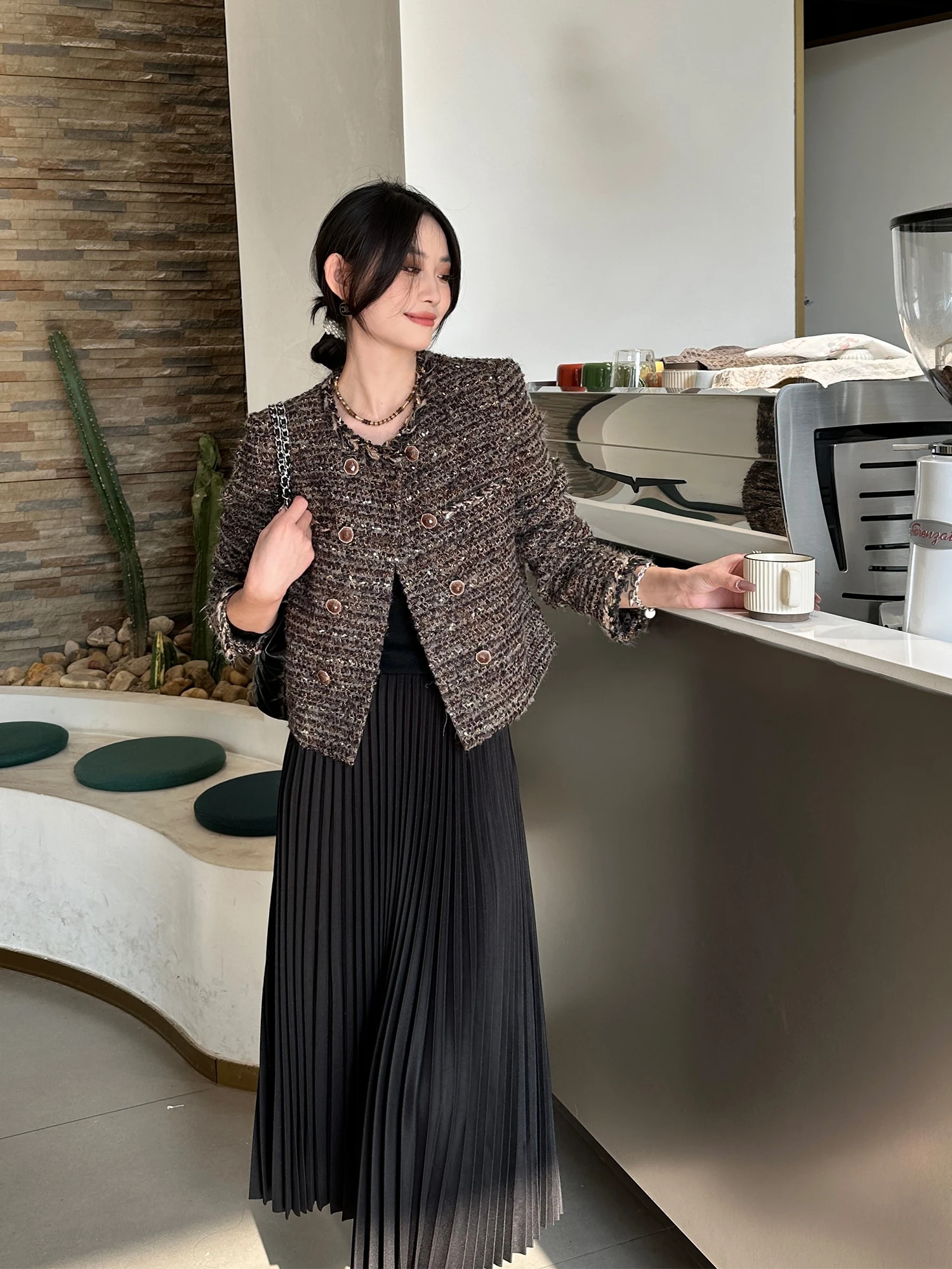 

New Sle Small Fraance Wind Coat Women 2025 Spring Autumn Elegance ort Jaet Loose Slimming Open Cardigan Thi Wool Wo...