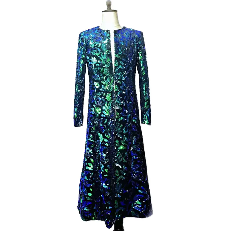 

Embroidery Suit Jacket England Style Green Sequins Round Collar Long Coat Star Singer Stage Concert Overcoat Wedding Outerwear