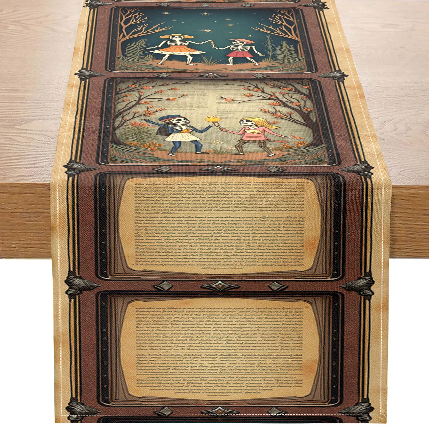 قطعة واحدة من مفرش طاولة قصة الهيكل العظمي الخيالي، يتميز بحدود عتيقة مع غابة قمرية، وهيكل عظمي، ورسوم توضيحية تفاعلية مع نص غامض، ومناسبة لحفلات الهالوين، والمطاعم ذات الطابع الخيالي، والمقاهي الفنية، والديكور الثقافيين الإبداعي، والديكور المنزلي، والمناظر الطبيعيات المظلمة #1