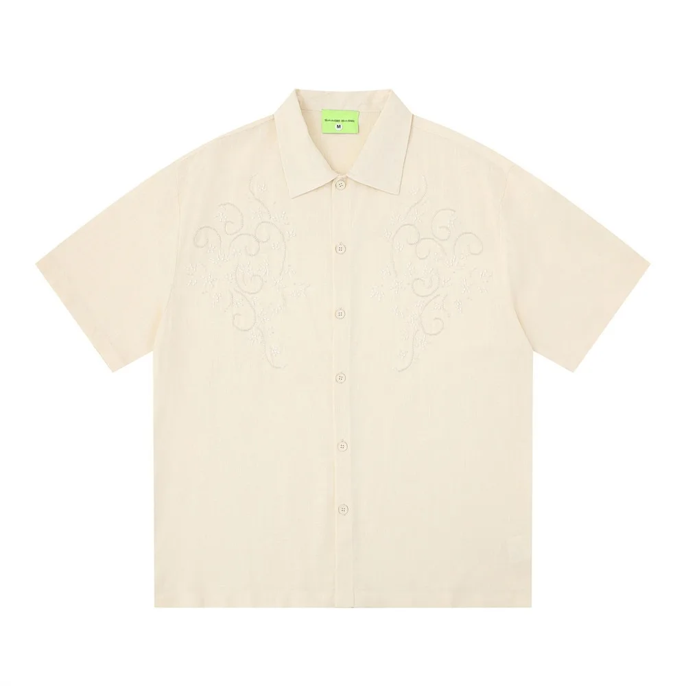 Patterned casual loose-fitting fashionable short-sleeved shirt design, beaded style, summer men's trendy lapel collar.