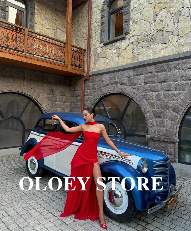 OLOEY Red Evening Dresses Side Split Arabic Women Strapless Floor Length Prom Gowns Formal Party Wedding Guest Dress 2025