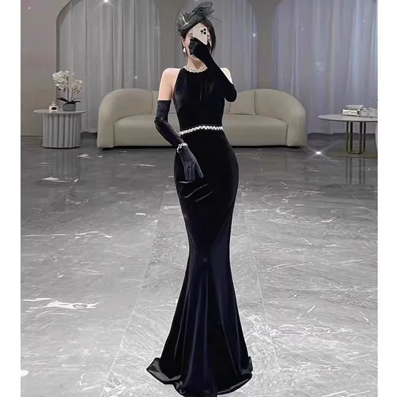 Women Black Velour Mermaid Formal Evening Dresses Sexy Heart Backless Long Prom Gowns