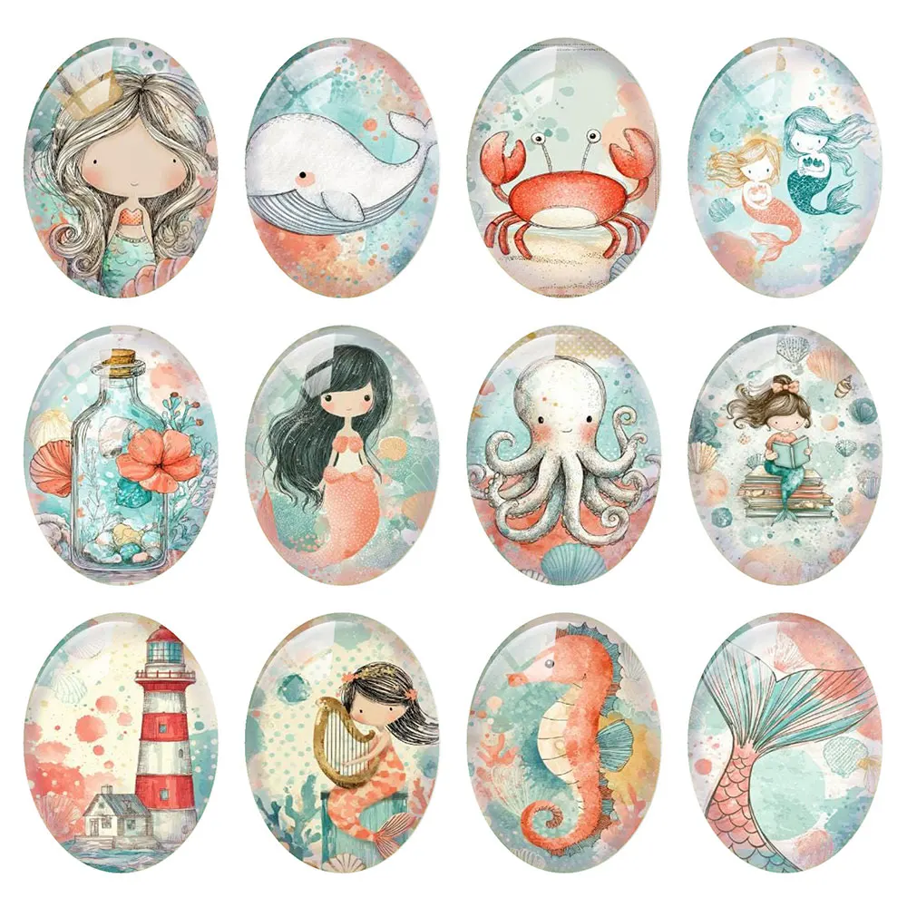 Random Mixed Round/Oval/Square Mermaid Ocean Fairy Cute Blue Photo Glass Cabochon Flatback Demo Cameo For Diy Jewelry Making