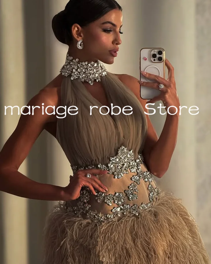 Mini robe de soirée de Cocktail scintillante, Champagne, luxe, plumes de cristal, col haut, froncée, robe de soirée de Gala d'anniversaire, personnalisée