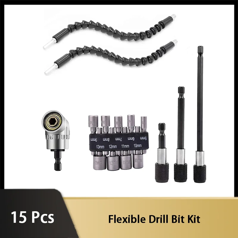 Flexible Drill Bit 15 Pcs Extension and Universal Socket Wrench Tool Kit with 105° Right Angle Drill Attachment Screwdriver