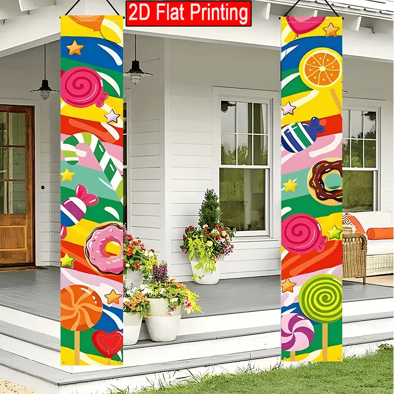 2D Flat 2-Piece Lollipop & Donut Balloon Porch Banners, 12x71in Polyester Door Couplets, Candy Pattern Photo Design for Birthday