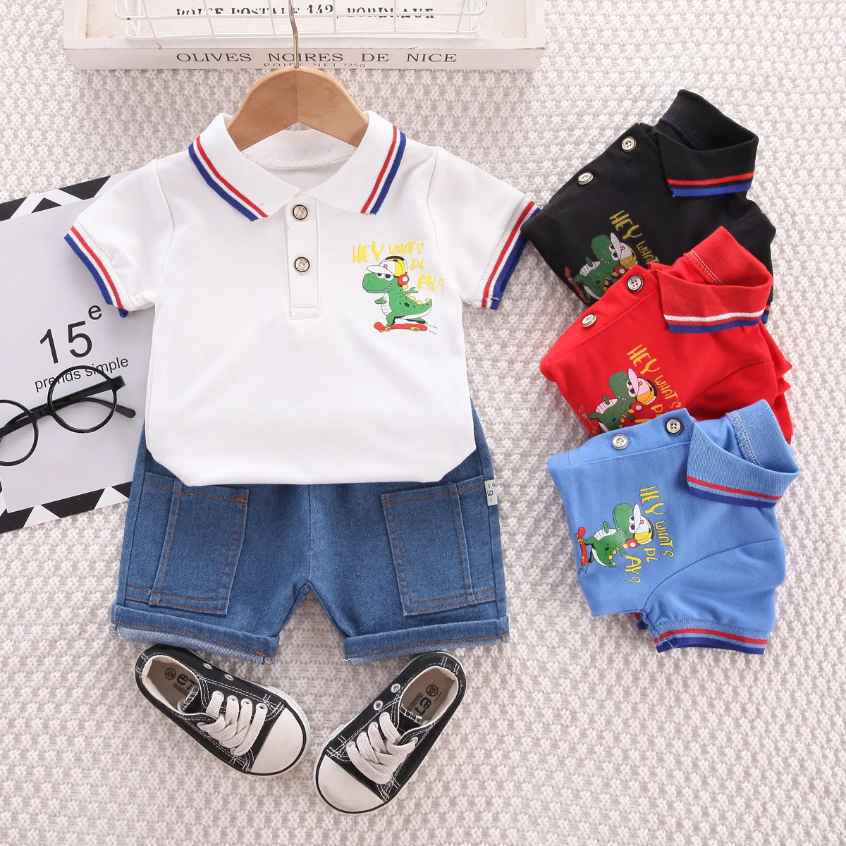 Summer New 0-4 Year Old Infant Cartoon Casual Fashion Style Western Style Flip Collar Short Sleeve Polo Shirt Two Piece Set