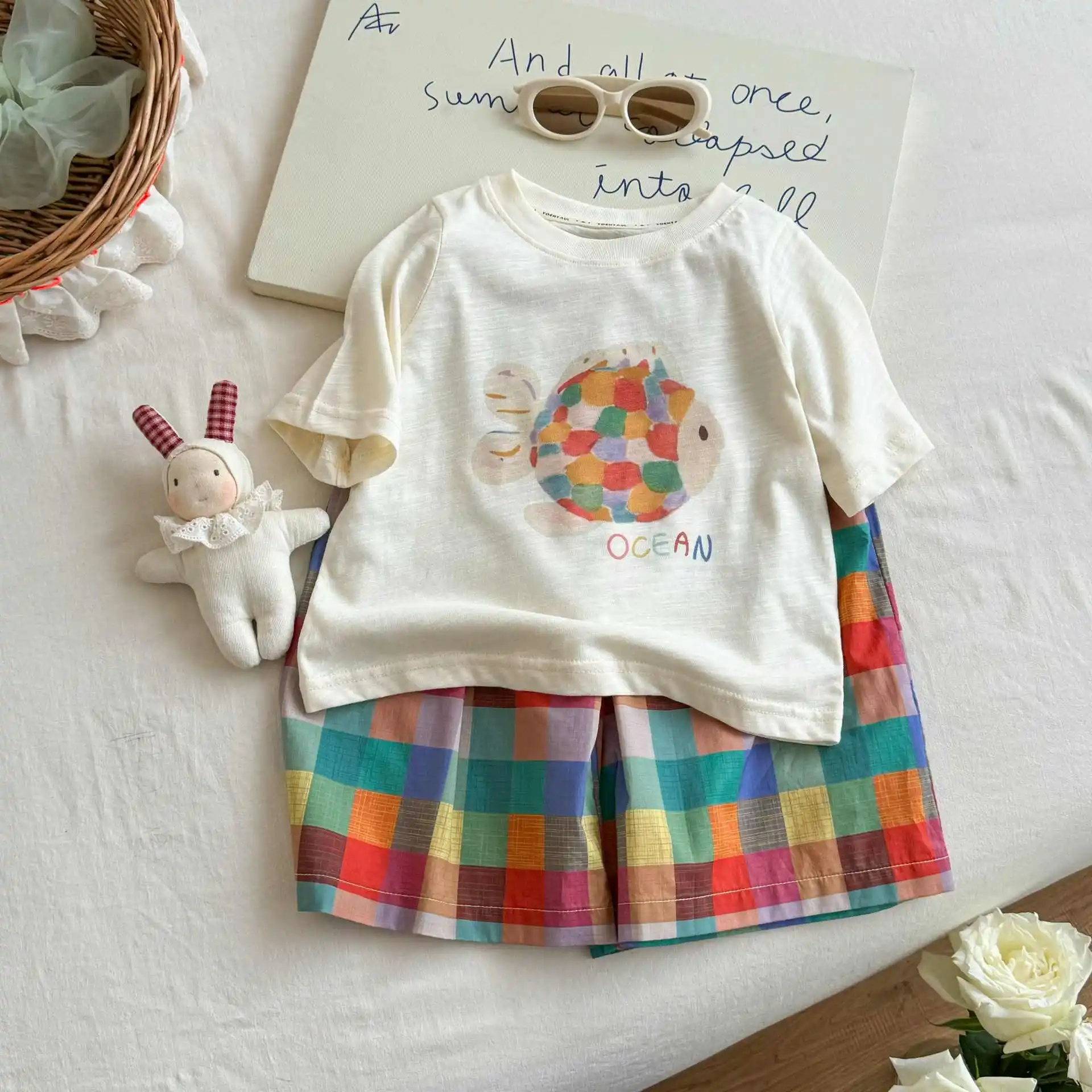 Fish Print Breathable Short Sleeve Top Summer Girls' Loose Plaid Wide Leg Pants T-shirt Set Casual O-neck Thin Cartoon
