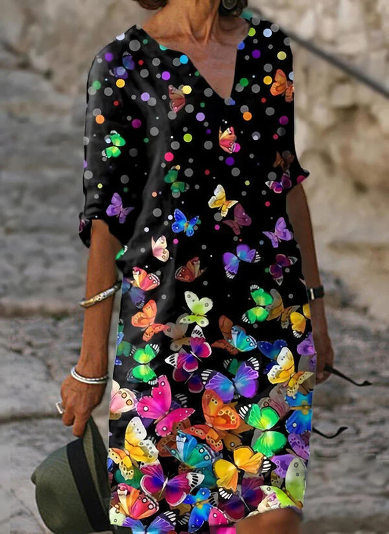 Summer Vaion Loose Dr Street Sle V-Ne Midi Skirt ort Sve Women's Casual Dres Comfortable Holiday Gown