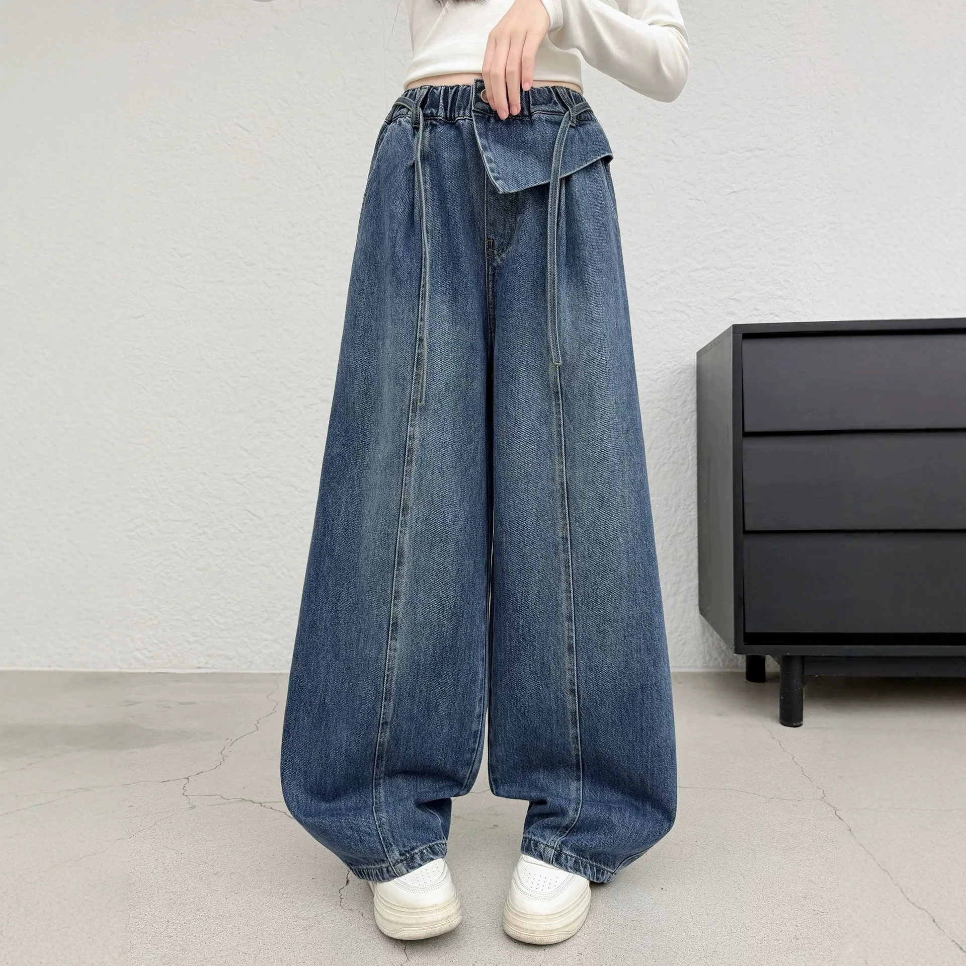 UNITIM Autumn Children Girls Jeans 4-14Yrs Girls Cat Printed Denim Pants Loose Elastic Waist Young Teenagers Girls Wide Leg Pant