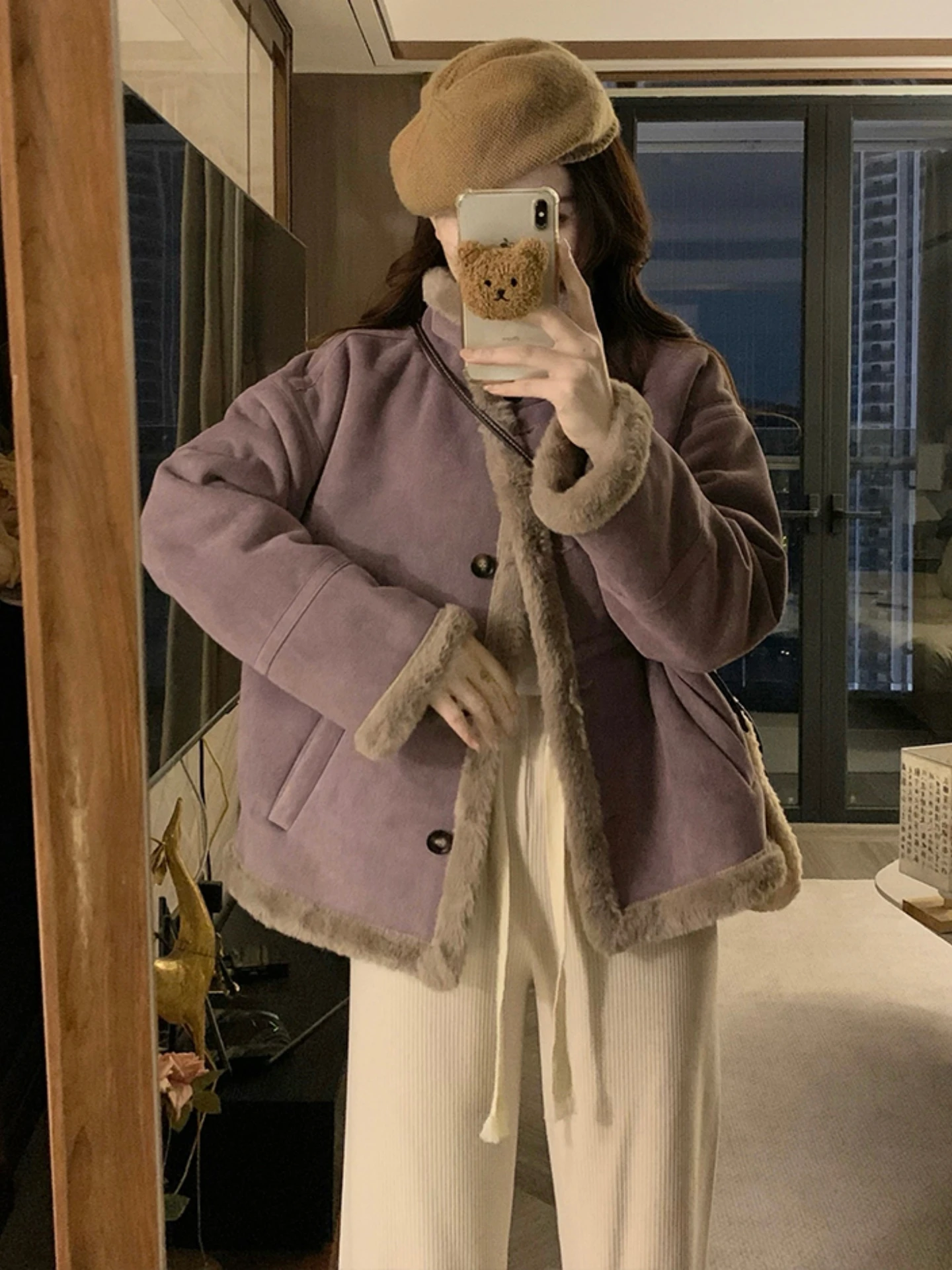 Purple Suede Stand Collar Open Cardigan Women's plus Size Thickened Winter Outerwear Comfortable Loose Fit Commute Style