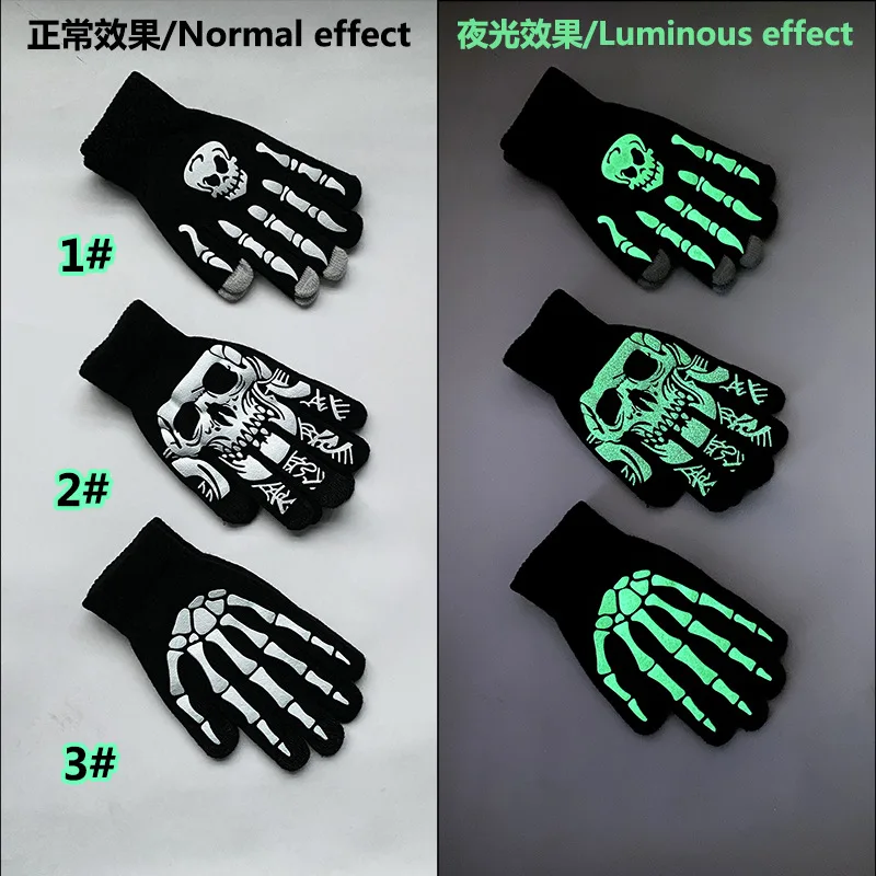 TZTOOZ New Adult Kids Halloween Skeleton Skull Half Finger Luminous Punk Gloves Winter Skull Fingerless Black Mitten