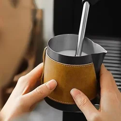 450ML Stainless Steel Pointed Coffee Latte Cup Milk Jug with Leather Cover Milk Foam Cup Coffee Latte Art Cup Barista Tool