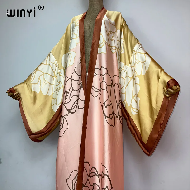 WINYI Kimonos Women Classic flower printing Bikini Cover-ups Elegant Long Sleeve Cardigan Loose beach Sexy Covers party kaftan