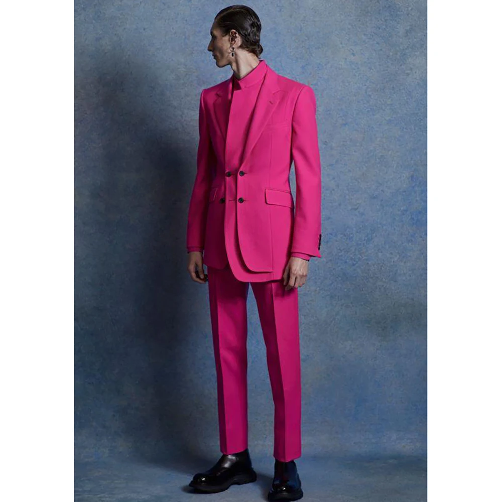 Fashion Pink Double Breasted Men Suit Two Pieces(Jacket+Pants) Lapel Outfits Chic Casual Party Prom Wedding Set