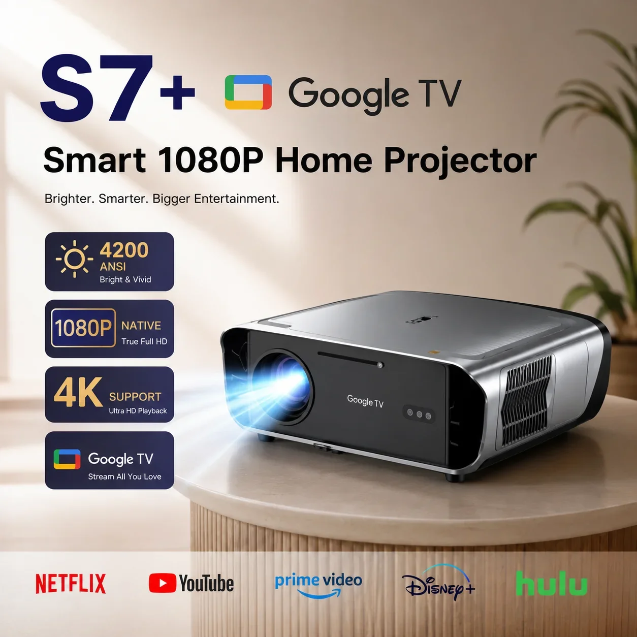 S7 4200ANSI Native 1080P 4K UHD Projector Google TV TOF Auto Focus Dual Speakers Beamer Home Cinema Daytime Video Projector 2026