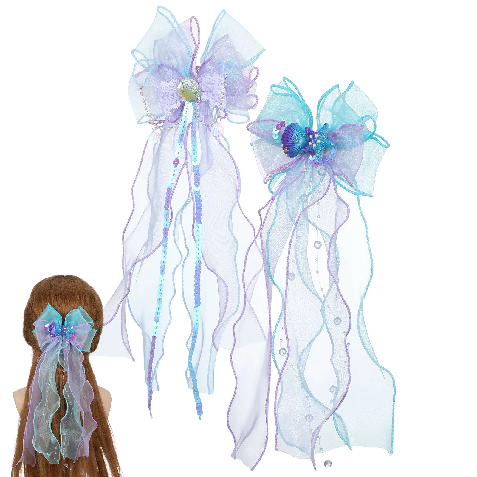 

2pcs Mermaid Hair Bows For Girls Bowknot Seashell Design Lightweight Comfortable Fashion Hair Claw Clips Secure Grip Styling