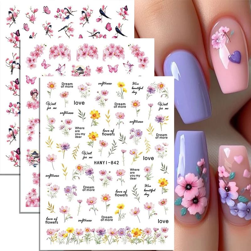 1pc 3D Primavera Estate Decorazione per manicure Fiori di ciliegio Adesivi per nail art Rosa fiori gialli Uccelli Frutta Cursori adesivi