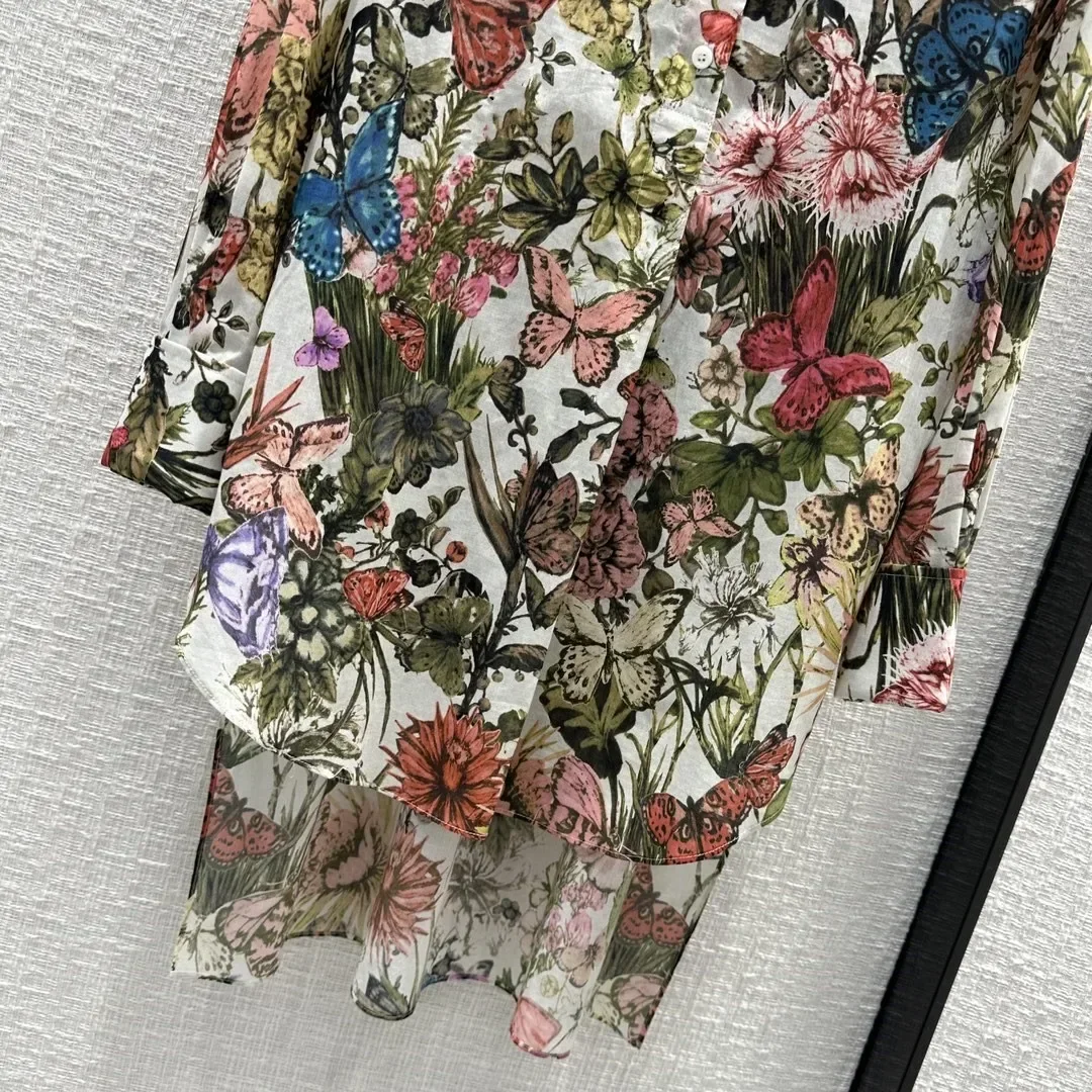 2023 Autumn/Winter New Butterfly Print Element Pattern Front Short Back Long Half Open Collar Long Sleeve Shirt Women Top Blouse