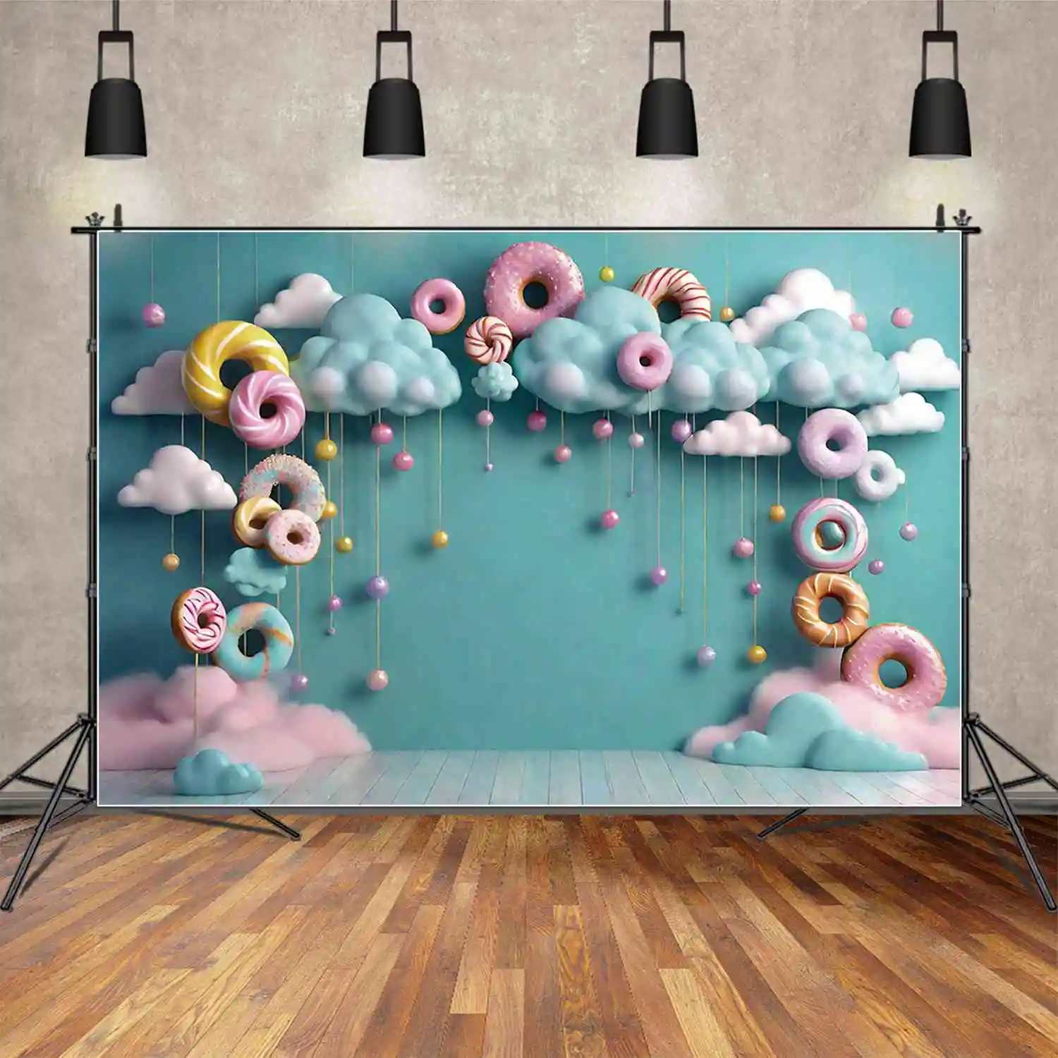 MOON.QG Fairy One Birthday 1 Year Doughnut Clouds Backdrop Baby Candyland Candy Bar Party Background Children Photography Props