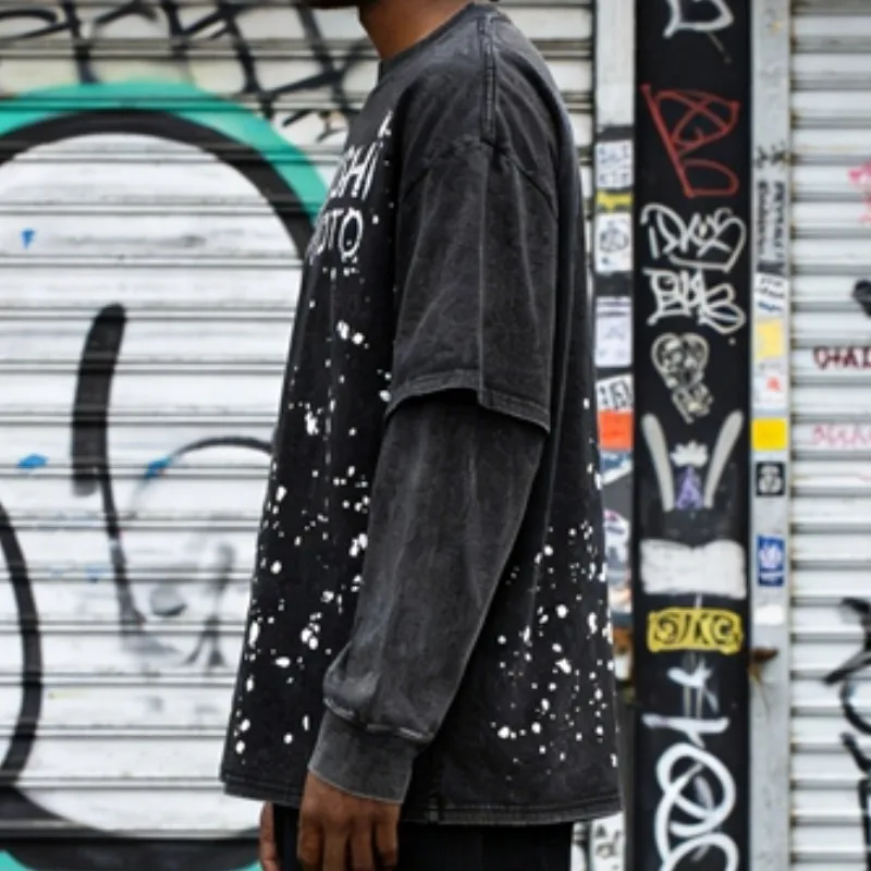 Handmade Ink Splashing Fading Letter Vintage Black SATOSHI Tshirts Hiphop Street Fake Two Piece Long Sleeve Men Women Shorts view 2