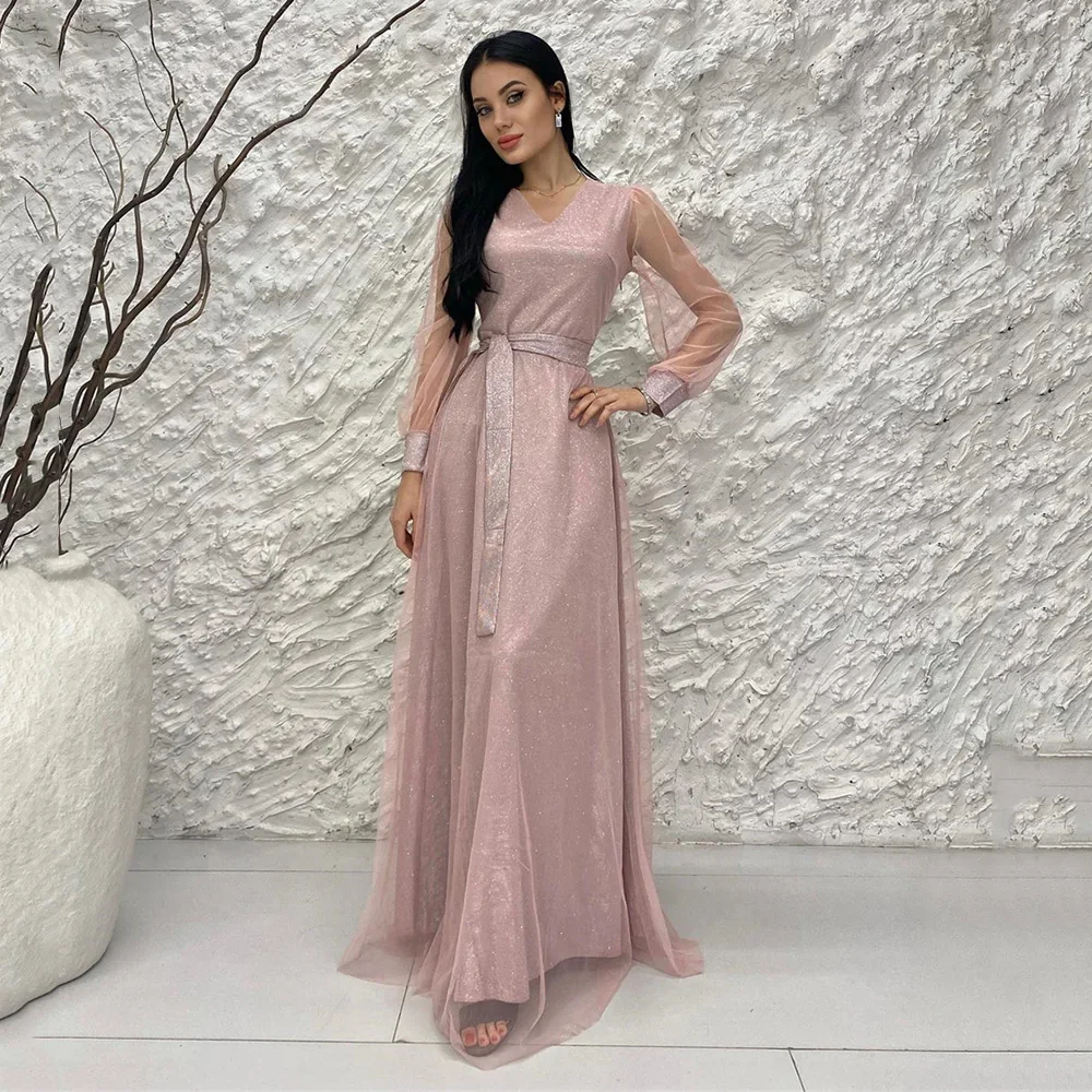 

Prom Gown Long Sleeve Illusion Pleat Sexy V Neck Temperament A-line Evening Dresses Belt Sparkly Celebrity Banquet Dress