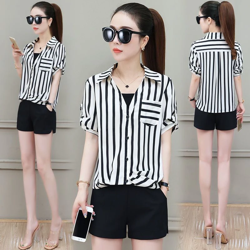 

Women's Short Sleeve Chiffon Shirt Summer New Fashion Slimming Stripe Top Cover Belly Anti-Aging Neck Regular Length