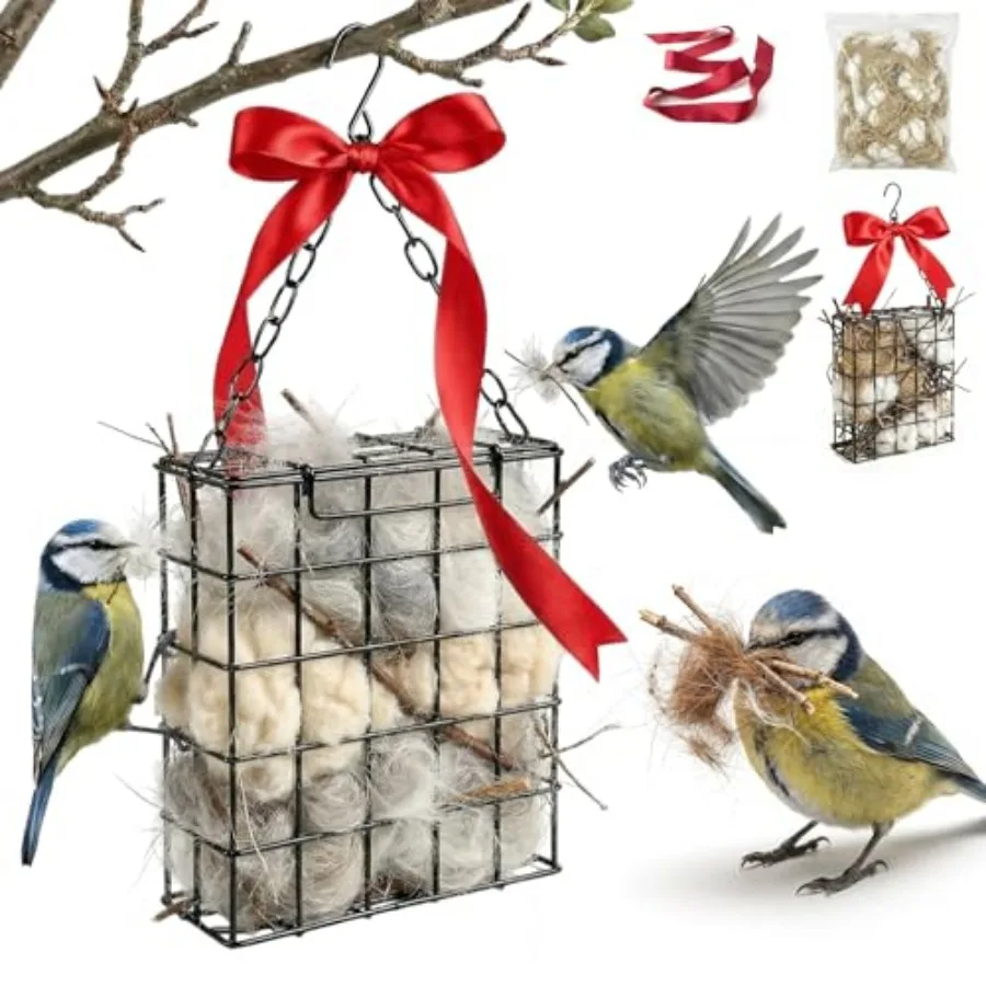 

Bird Nesting Material Holder, Pet Fur Bird Nest Holder, with Jute Fiber and Red Ribbon to Attract Wild Birds, Reusable Bird Nes